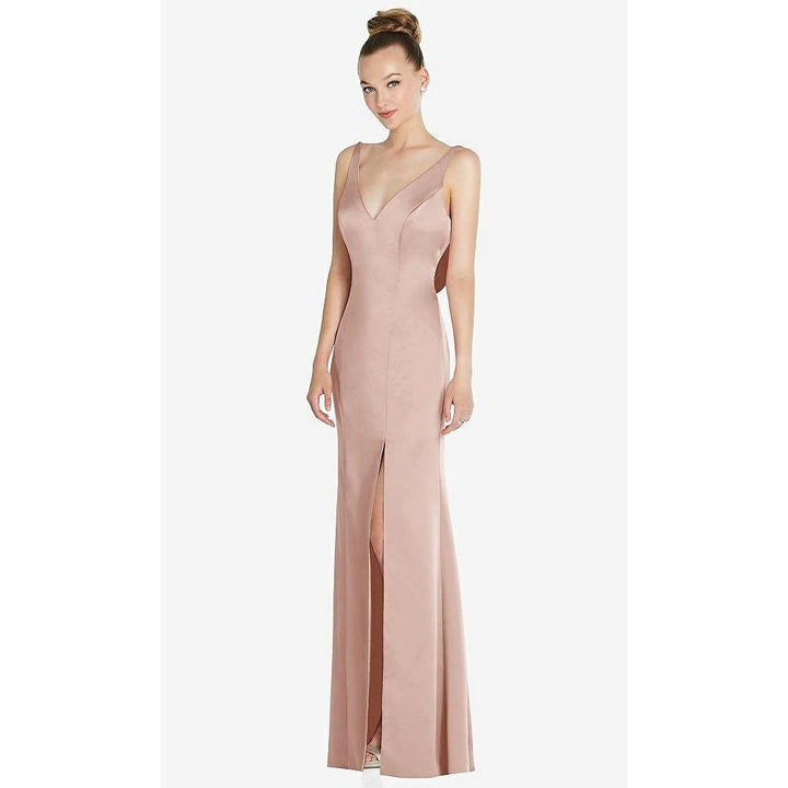 After Six Beige Satin V Neck Spaghetti Strap Floor Length Gown Dress Sz 4