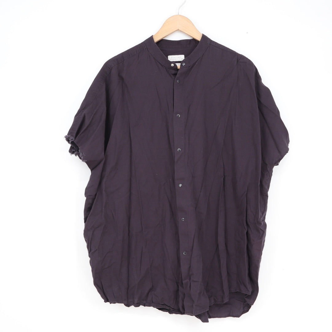 Zara Man Relaxed Fit Dark Purple Band Collar Frayed Short Sleeve Shirt Large