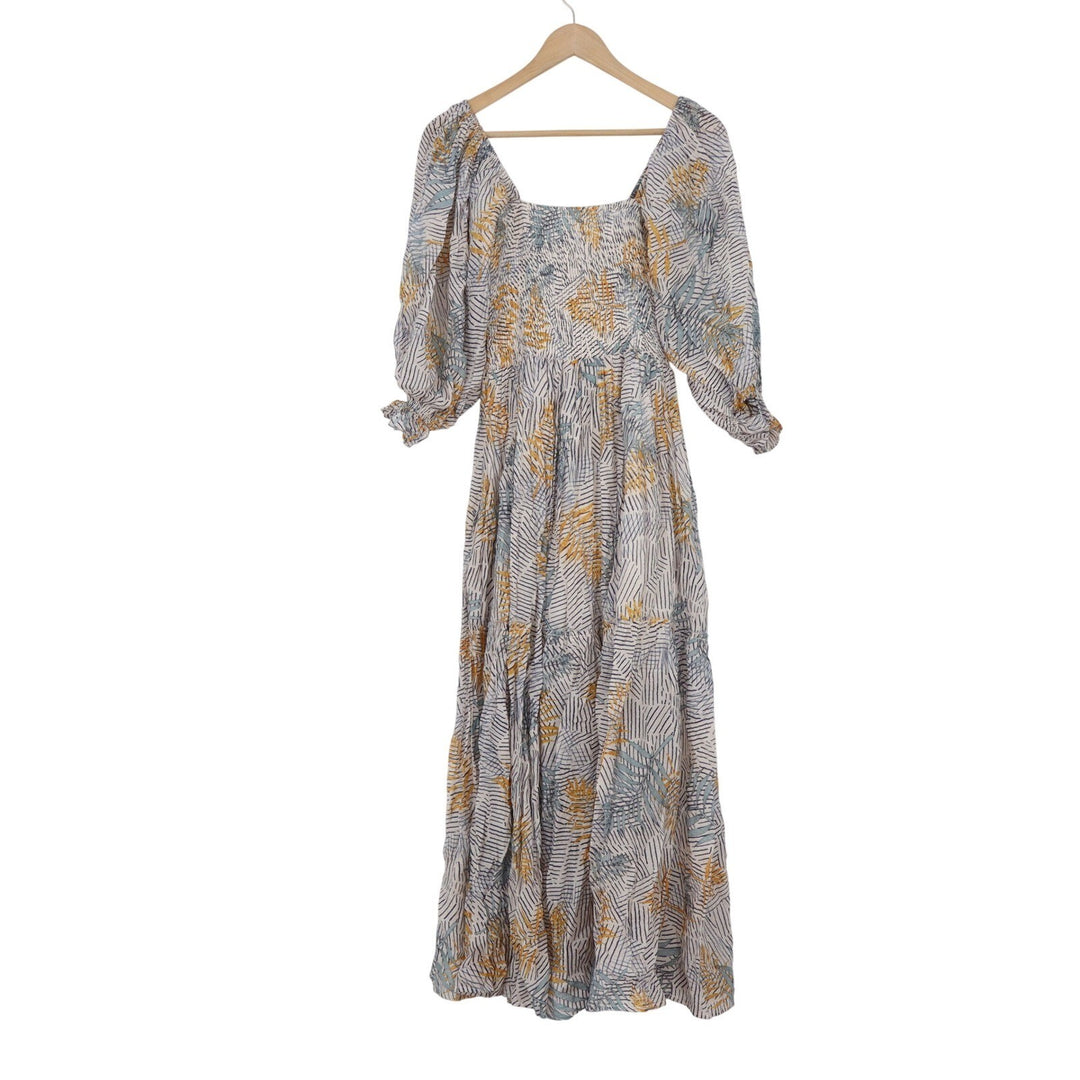 Fate Womens Smocked Puff Sleeve Maxi Dress Abstract Botanical Print M