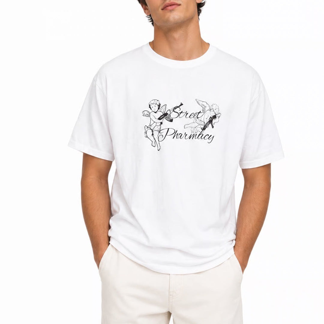 Street Pharmacy Mens XL White Graphic T-Shirt Cherub Rx Logo Streetwear Tee