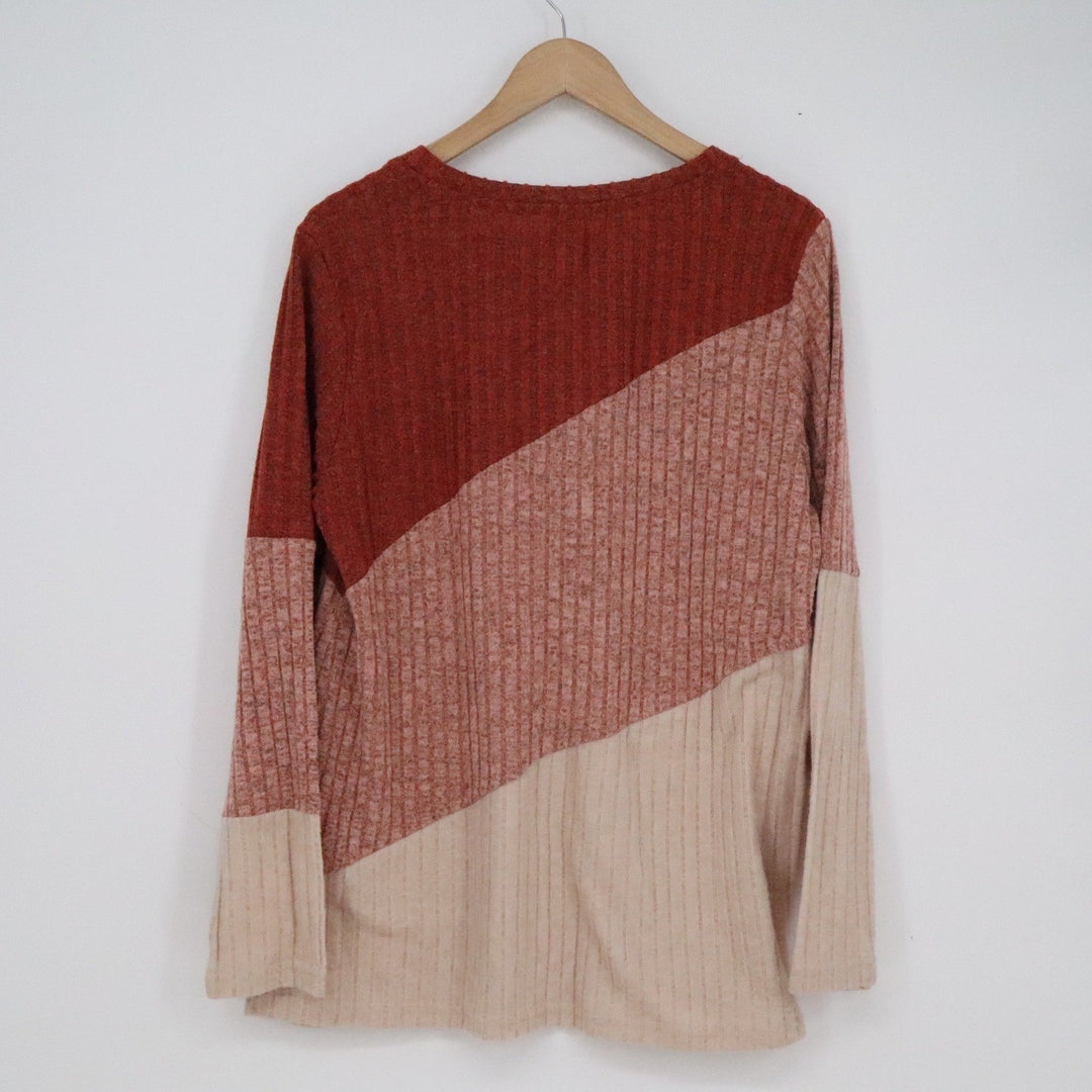 AYIFU Womens XL Colorblock Ribbed Knit Long Sleeve Top Rust Pink Beige Casual
