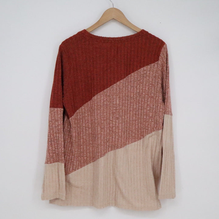 AYIFU Womens XL Colorblock Ribbed Knit Long Sleeve Top Rust Pink Beige Casual