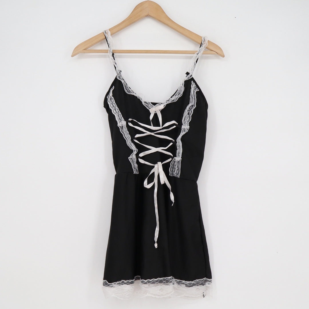 Black Lace Up Corset Mini Dress White Lace Trim Spaghetti Strap Goth Coquette