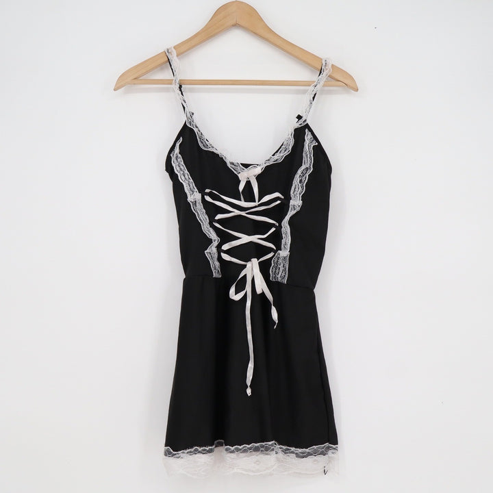 Black Lace Up Corset Mini Dress White Lace Trim Spaghetti Strap Goth Coquette