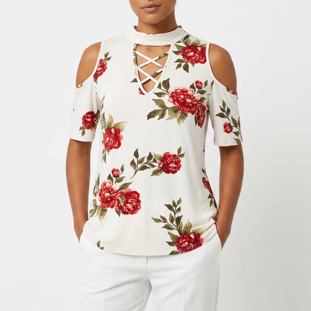 Trendy J Floral Cold Shoulder Top XL Cream Red Peony Strappy Cutout Mock Neck