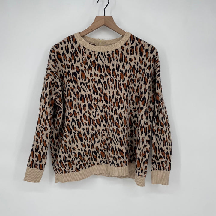 H&M Leopard Print Sweater Crew Neck Long Sleeve Zipper Back Size L