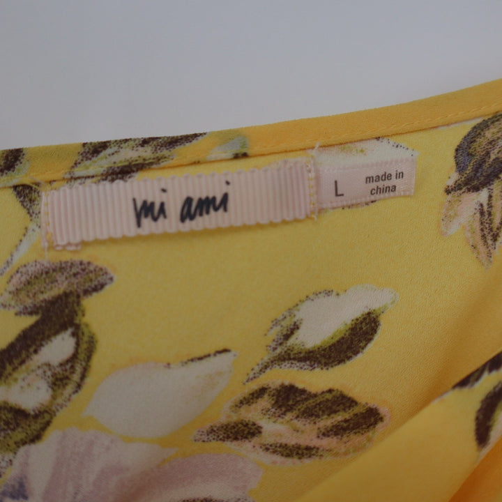 Mi Ami Yellow Floral Midi Dress Surplice V-Neck Spaghetti Strap L