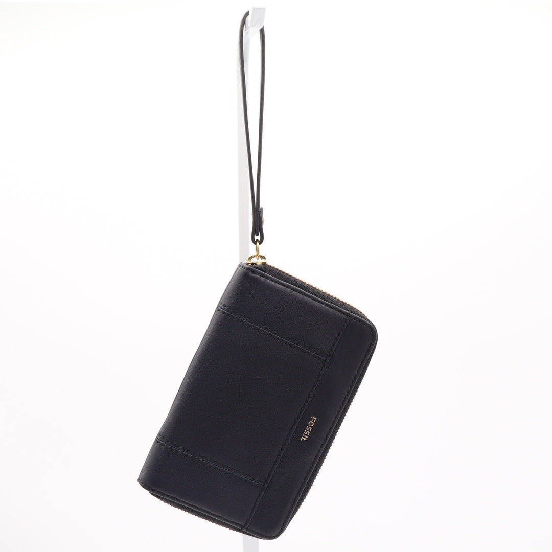 Fossil Logan Black Pebbled Leather Zip Around Clutch Wristlet Gold Hardware