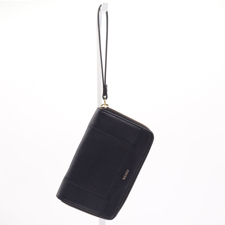 Fossil Logan Black Pebbled Leather Zip Around Clutch Wristlet Gold Hardware