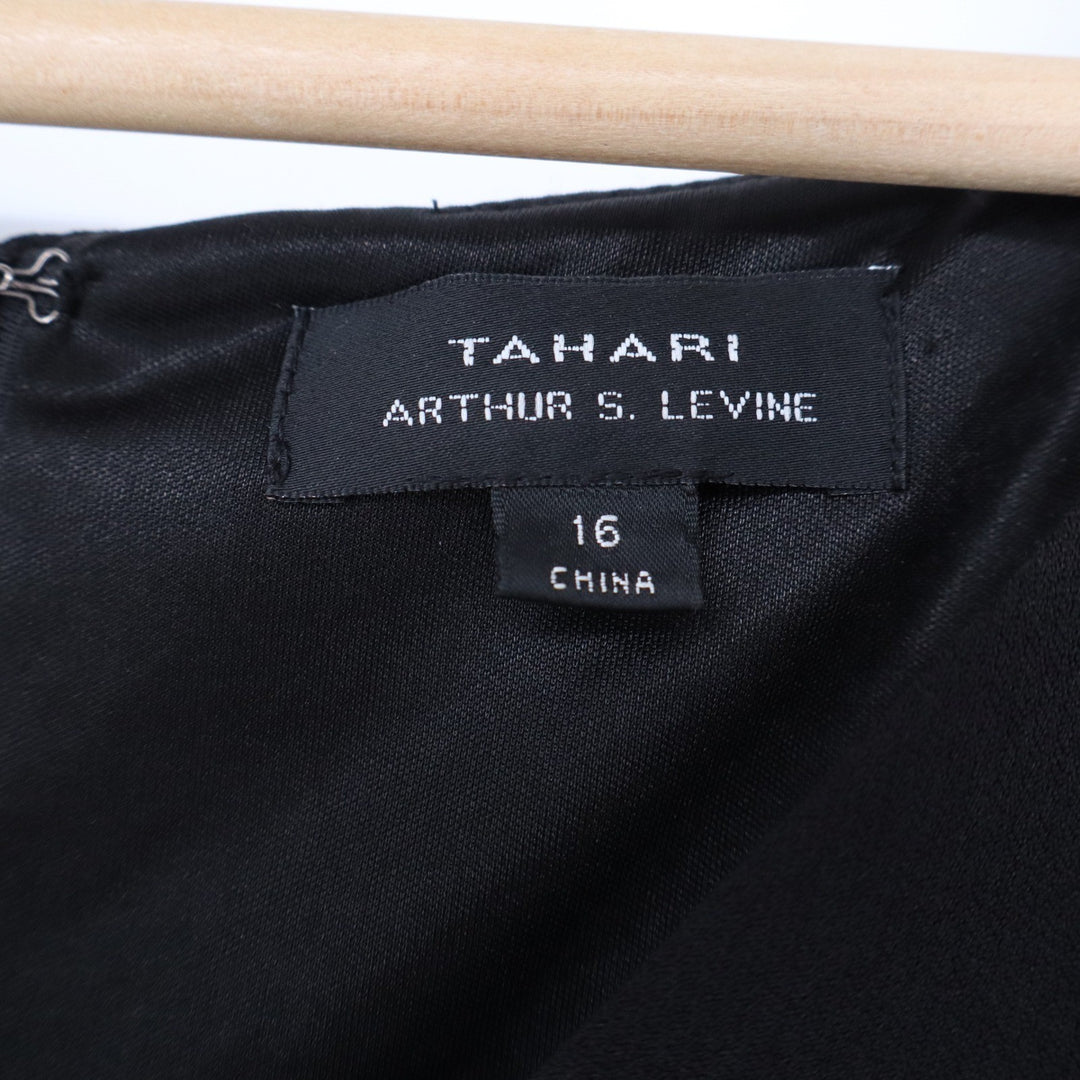 Tahari Arthur S. Levine Black V-Neck Cap Sleeve Fit Flare Dress Gold Accent 16