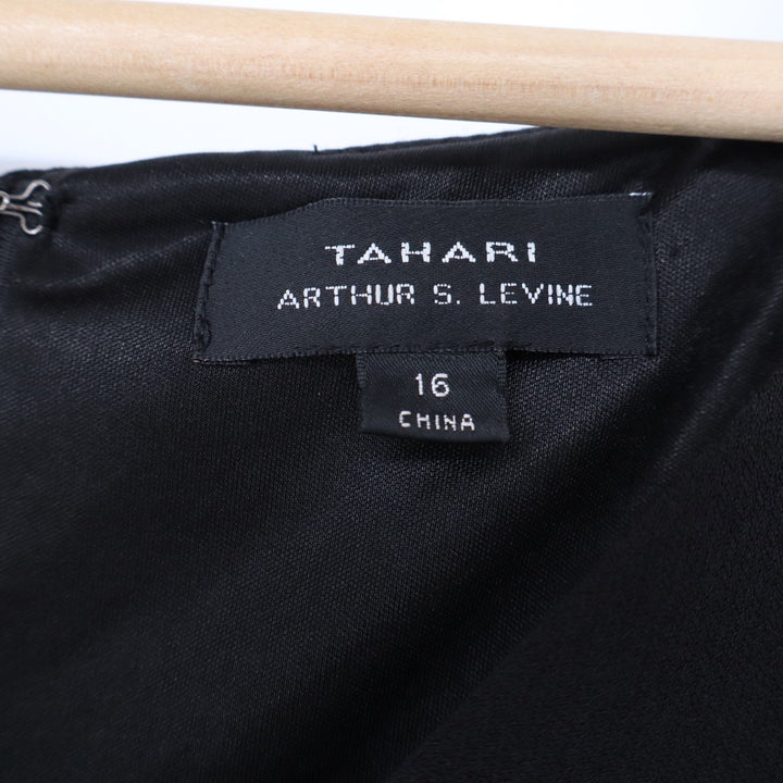 Tahari Arthur S. Levine Black V-Neck Cap Sleeve Fit Flare Dress Gold Accent 16