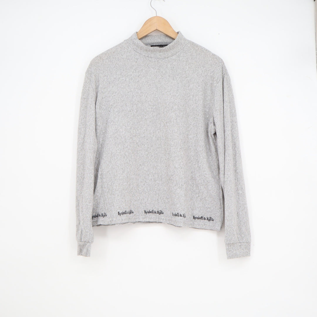 Kendall + Kylie for OVS Womens Mock Neck Sweatshirt Gray Embroidered Hem Size M