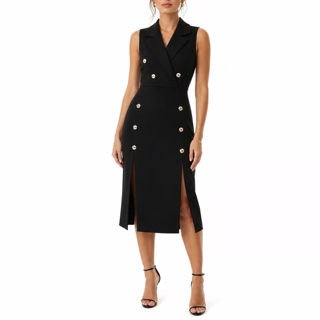 Black Sleeveless Double Breasted Sheath Dress Gold Buttons Front Slits Sz S/M