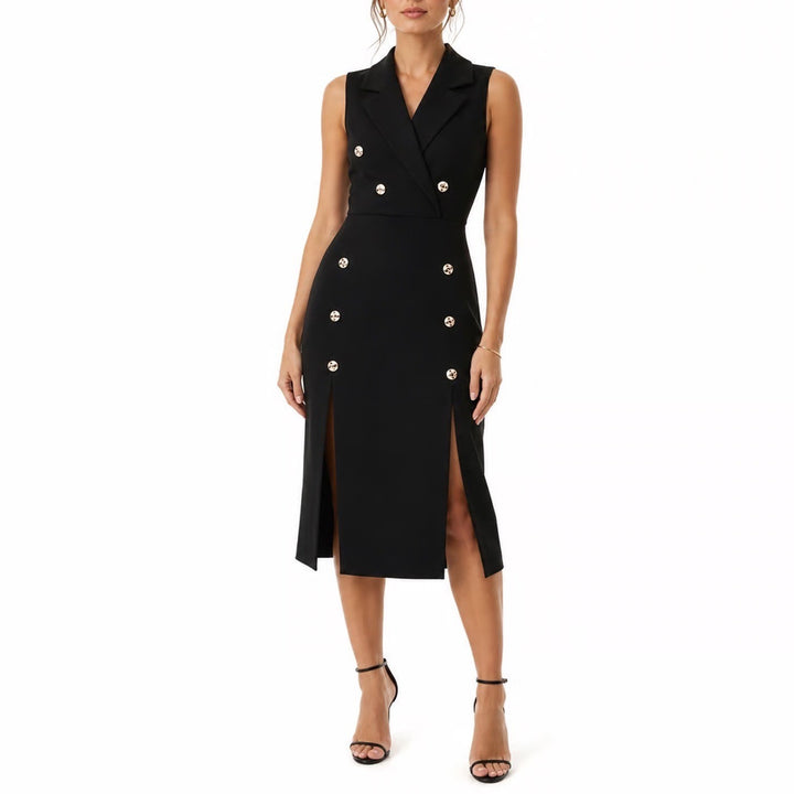 Black Sleeveless Double Breasted Sheath Dress Gold Buttons Front Slits Sz S/M