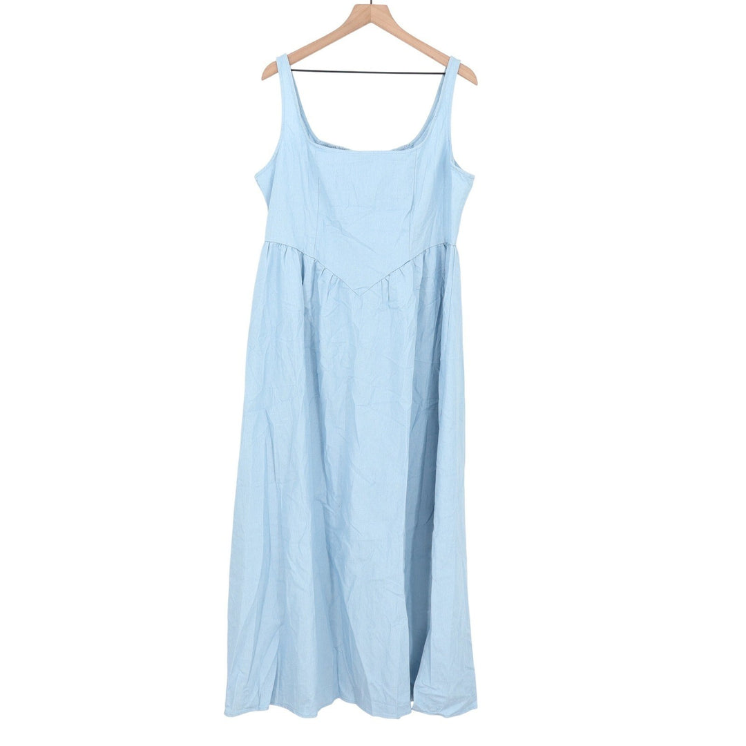 Pink Diamond Rhaziya Midi Dress Blue Square Neck Smocked Back Sleeveless Size 14