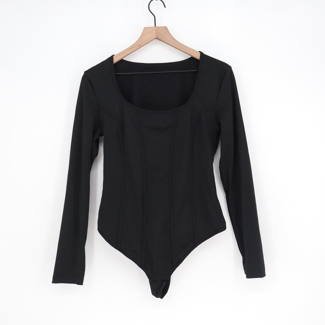 Black Square Neck Long Sleeve Corset Seam Bodysuit XXL
