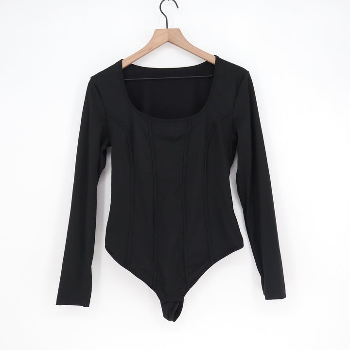 Black Square Neck Long Sleeve Corset Seam Bodysuit XXL