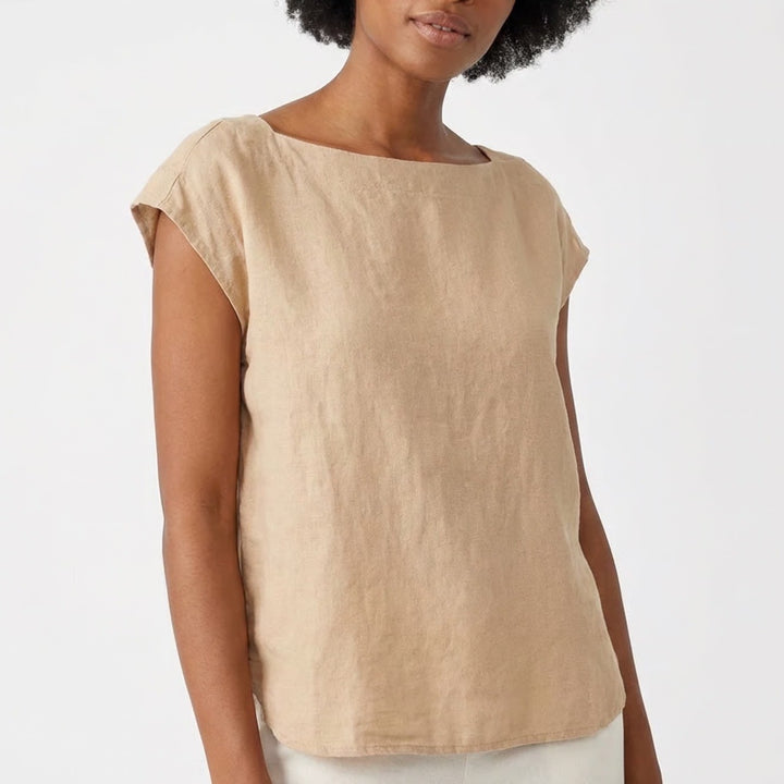 Ann Taylor Blouse Top Womens Small Beige Linen Cap Sleeve Curved Hem Office Wear