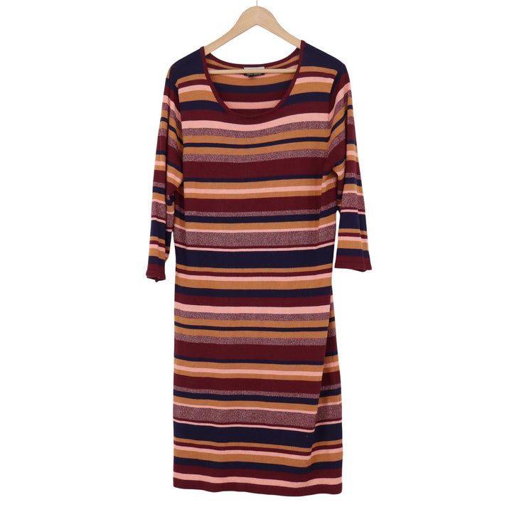 Allison Brittney Womens L Striped Metallic Knit Midi Dress 3/4 Sleeve Burgundy