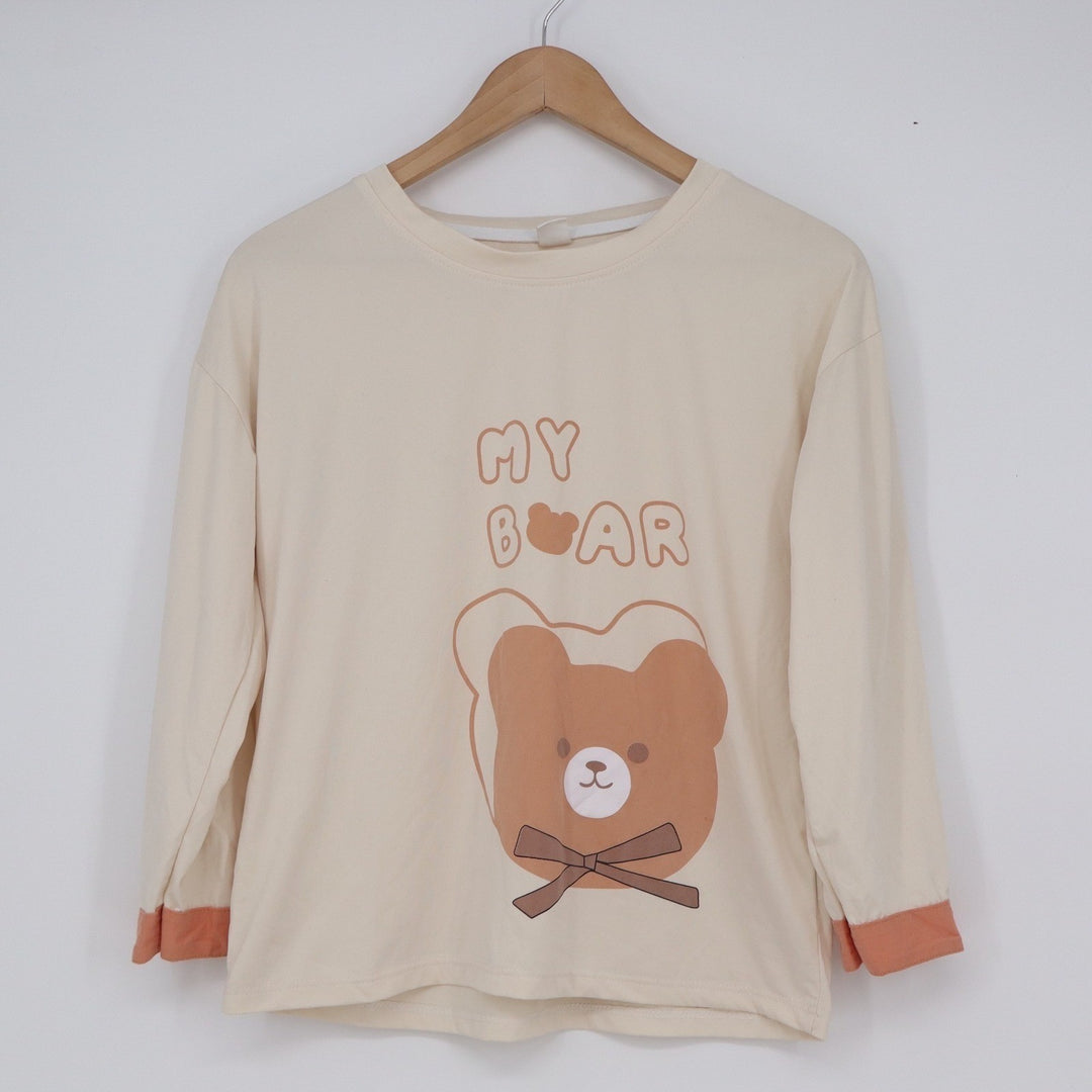 My Bear Graphic Long Sleeve Tee Cream Peach Cuffs Kawaii Top XS
