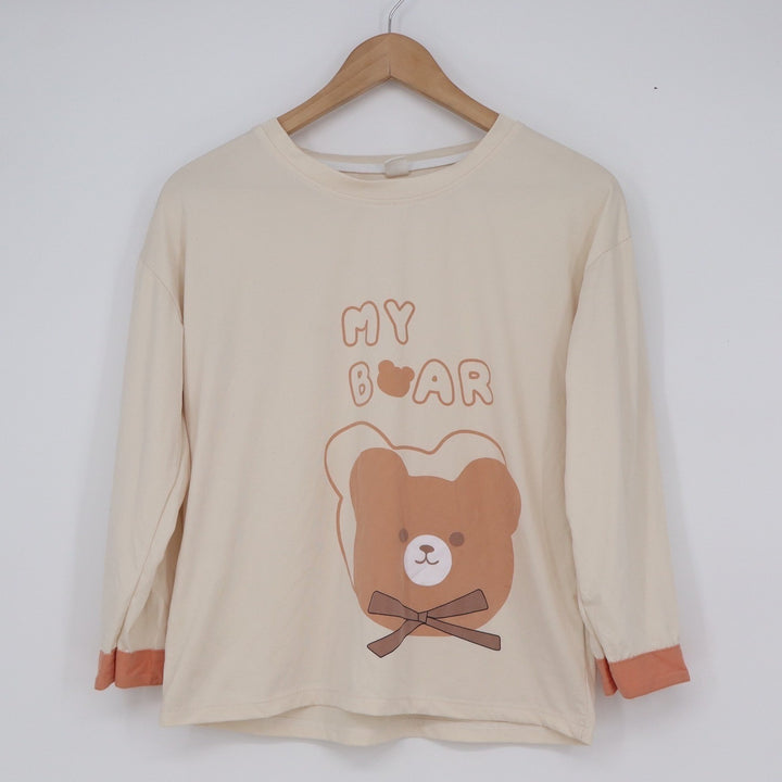 My Bear Graphic Long Sleeve Tee Cream Peach Cuffs Kawaii Top XS