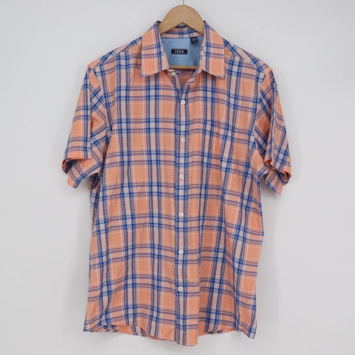 IZOD Mens Large Short Sleeve Plaid Button Down Shirt Orange Blue White Casual