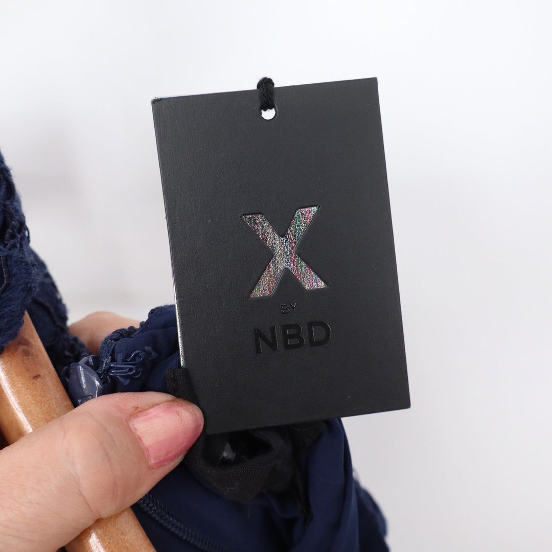 X by NBD Dress Womens 4 Halter Lace Midi Navy Blue Cocktail Open Back NEW