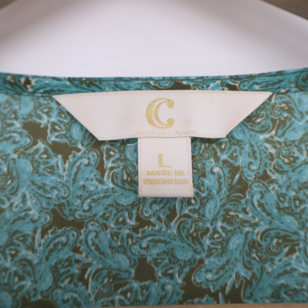 Charming Charlies Womens L Aqua Floral Fringe Trim Long Sleeve Neck Pullover