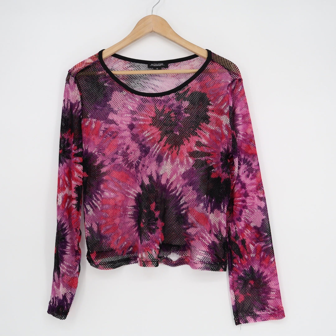 Rouge Collection Womens 1X Pink Purple Tie Dye Floral Sheer Mesh Long Sleeve Top