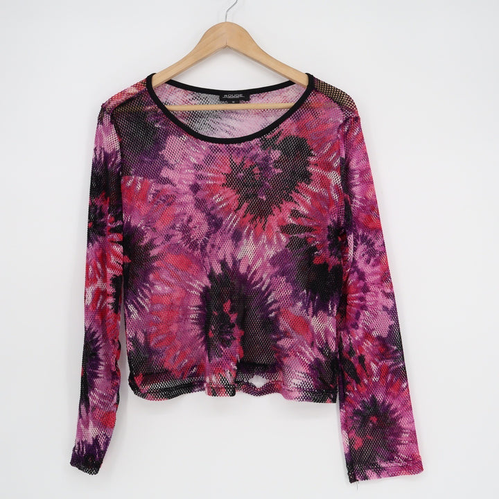 Rouge Collection Womens 1X Pink Purple Tie Dye Floral Sheer Mesh Long Sleeve Top