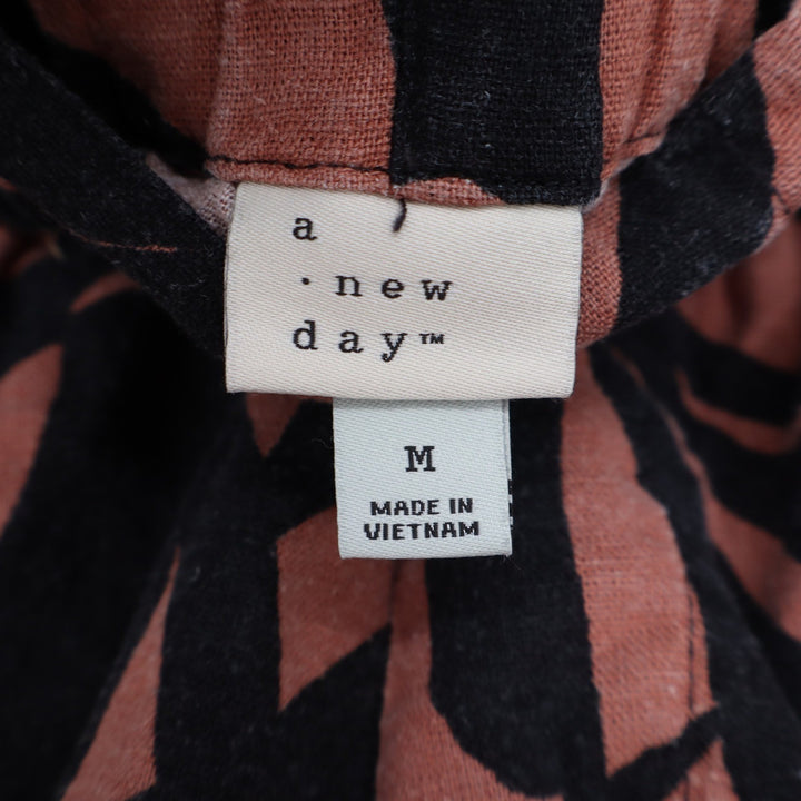 A New Day Womens Linen Blend Abstract Leaf Paperbag Waist Shorts Rust Black M