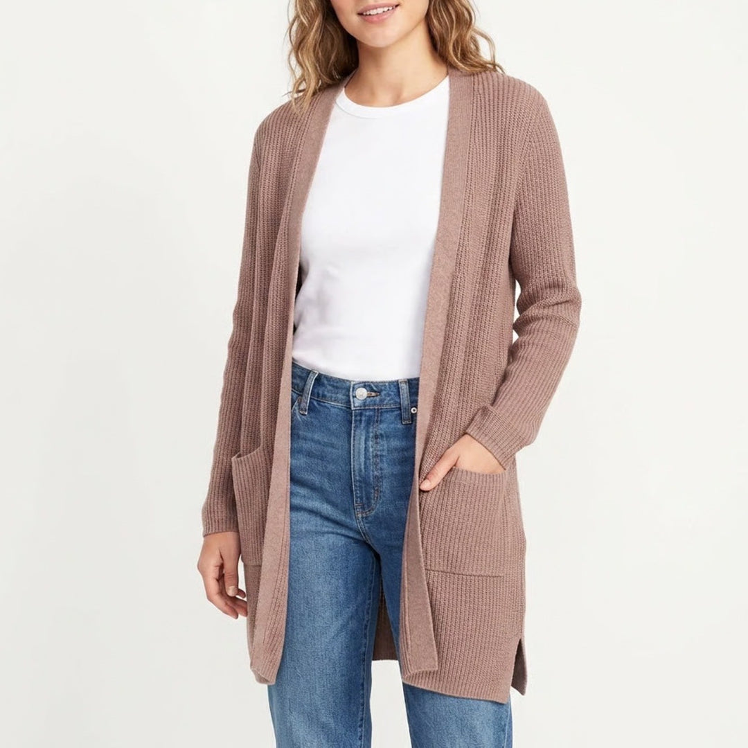 Gap Cardigan Sweater Women Medium Brown Knit Open Front Pockets Side Slit Ribbed