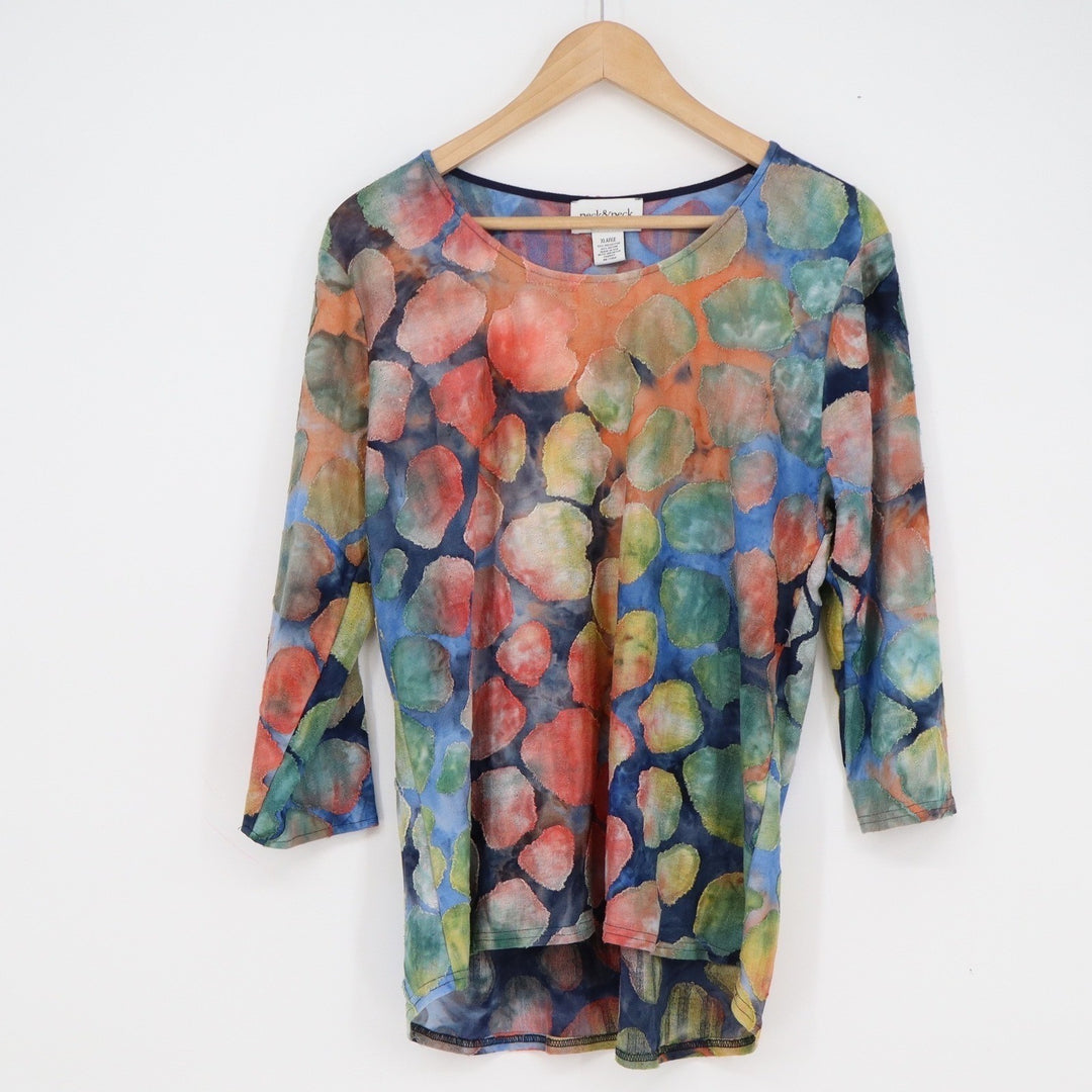 Peck & Peck XL Multi Color Abstract Dot Watercolor 3/4 Sleeve Blouse Top USA