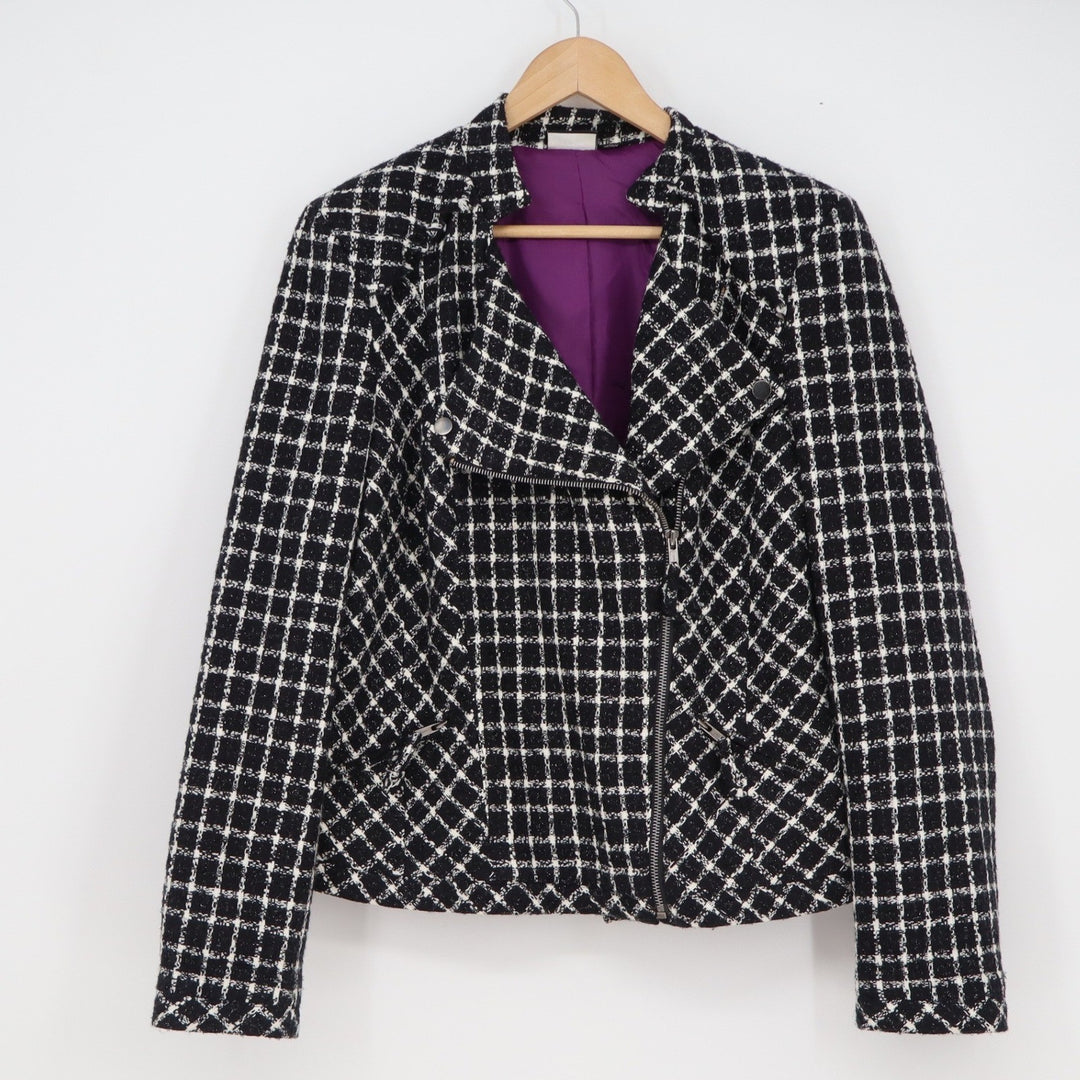 Allen B. Allen Schwartz Black White Grid Metallic Moto Jacket XL Asymmetrical