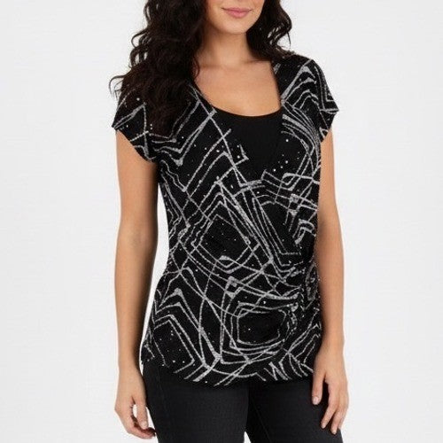 Jason Maxwell Wrap Top Womens Black White Geometric Print Short Sleeve Pullover