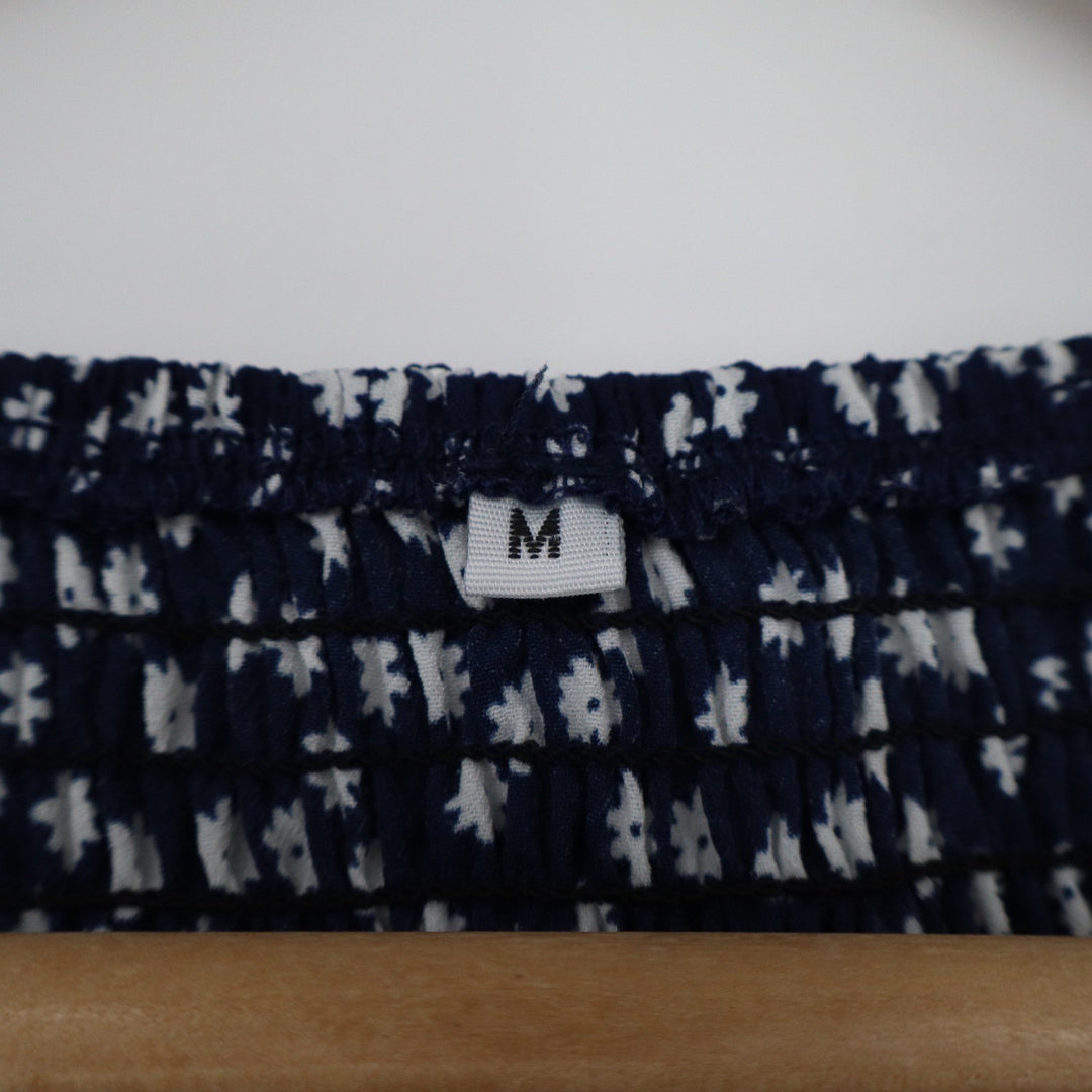 Navy Blue Floral Ditsy Smocked Midi Dress Long Sleeve Tiered Boho Medium