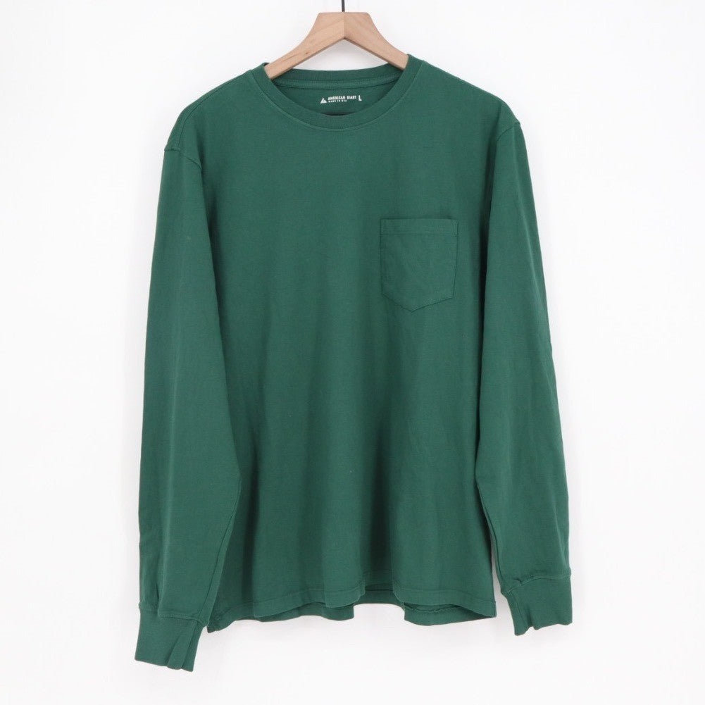 American Giant T-Shirt Men L Hunter Green Cotton Ribbed Long Sleeve Front Pocket