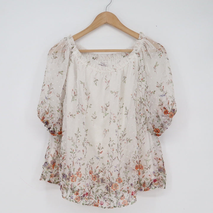 Orchid Haze Floral Swiss Dot Peasant Blouse White Puff Sleeve Womens L