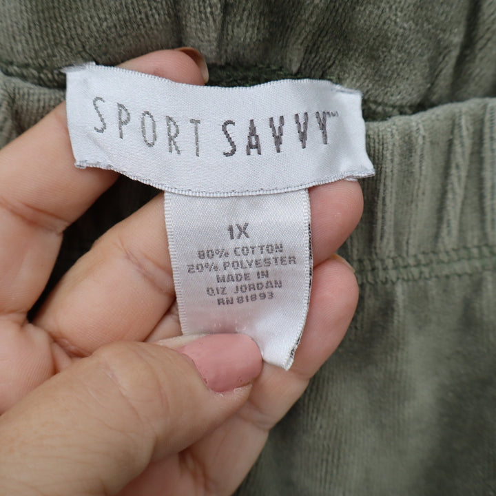 Sport Savvy Olive Green Velour Pants Plus Size 1X Elastic Waist Straight Leg