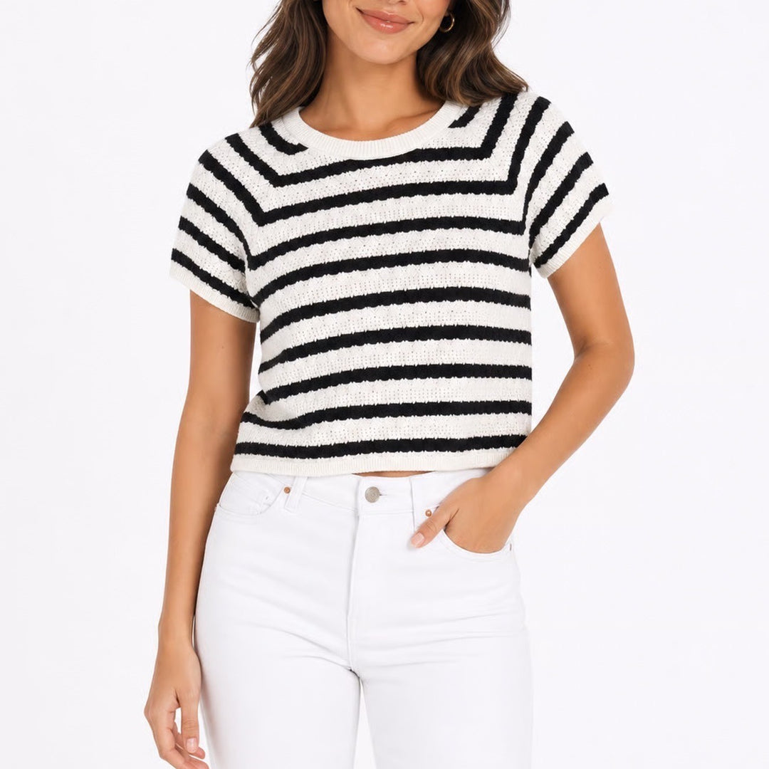 Chelsea & Theodore Womens Striped Pointelle Short Sleeve Sweater Black White L