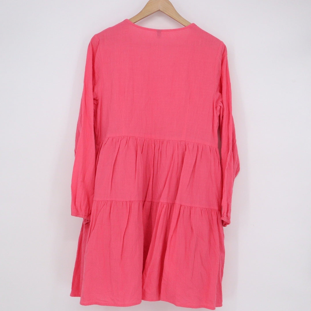 Zini New York & London Hot Pink Tiered Babydoll Dress V-Neck Long Sleeve Large