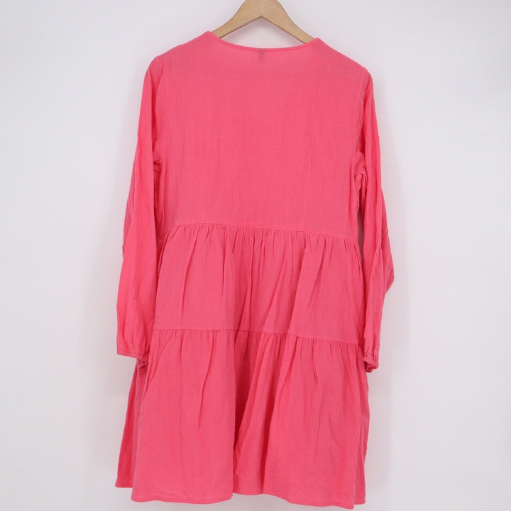 Zini New York & London Hot Pink Tiered Babydoll Dress V-Neck Long Sleeve Large