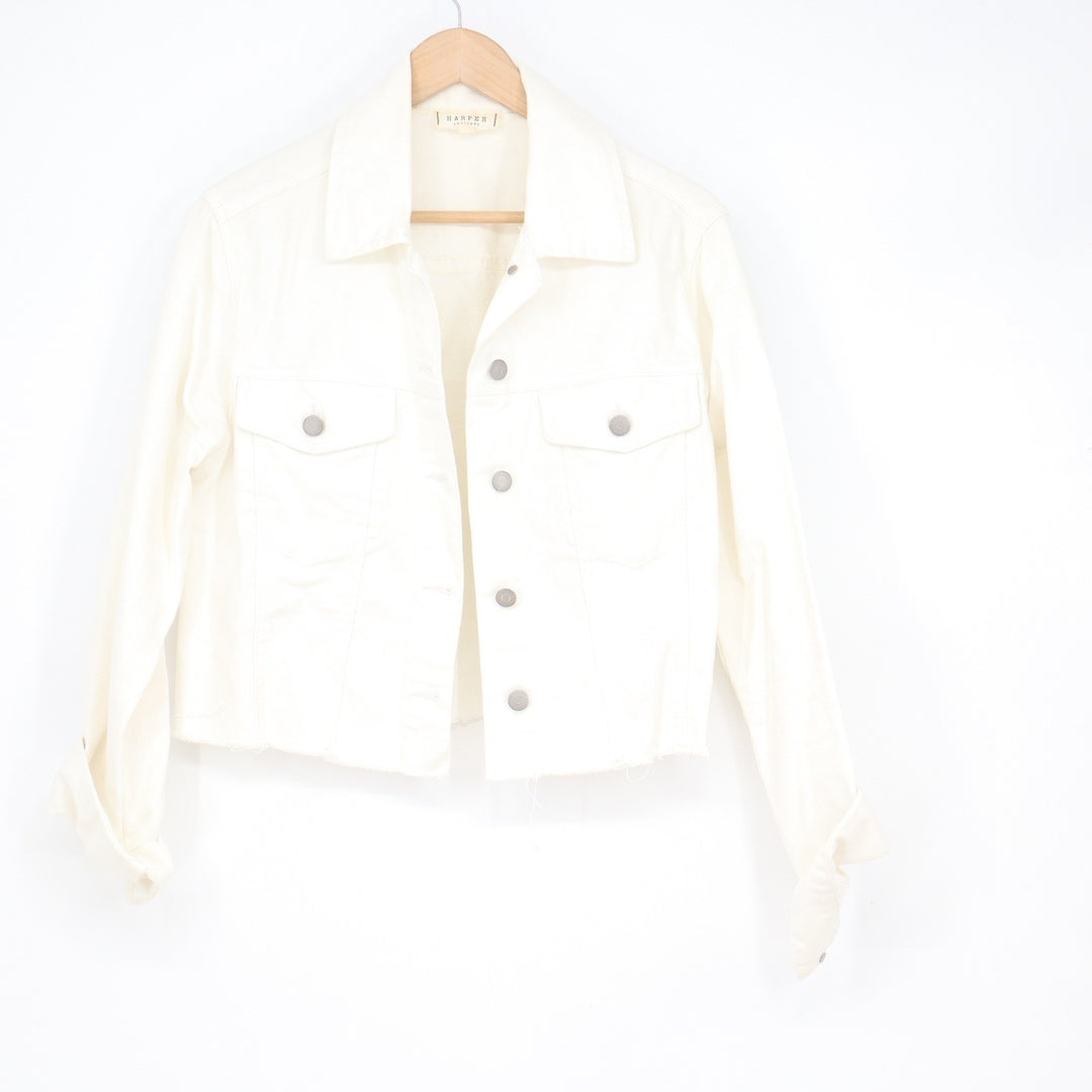 Harper Heritage Francescas White Cropped Denim Jacket Raw Hem M