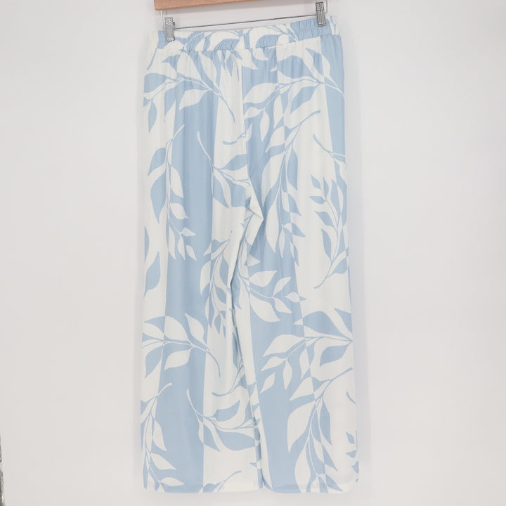 Unbranded Light Blue White Botanical Leaf Stripe Wide Leg Palazzo Pants Large