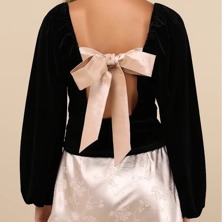 Lulus Exquisite Expectation Top Womens M Black Velvet Tie-Back Balloon Sleeve
