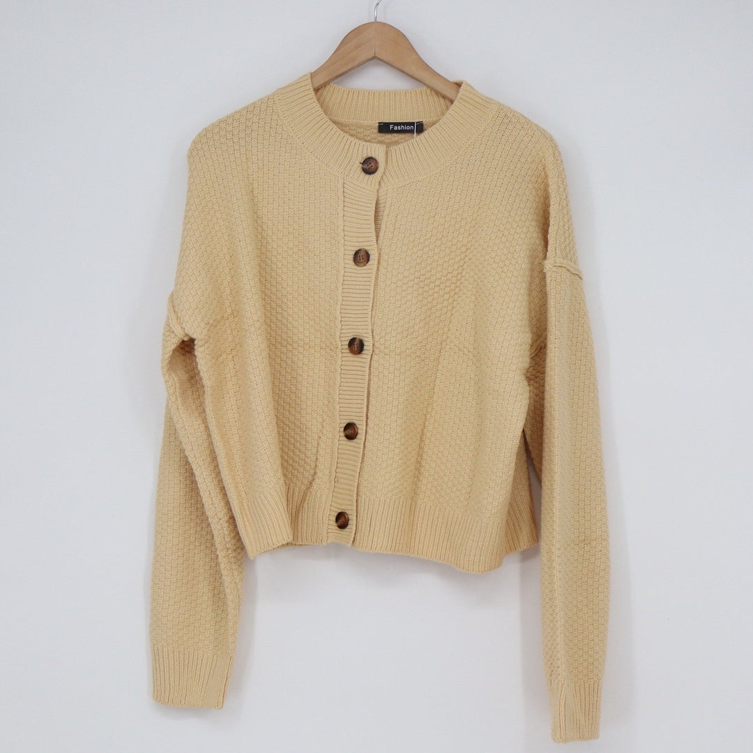 Fashion Women Yellow Textured Knit Button Front Cardigan Sweater L