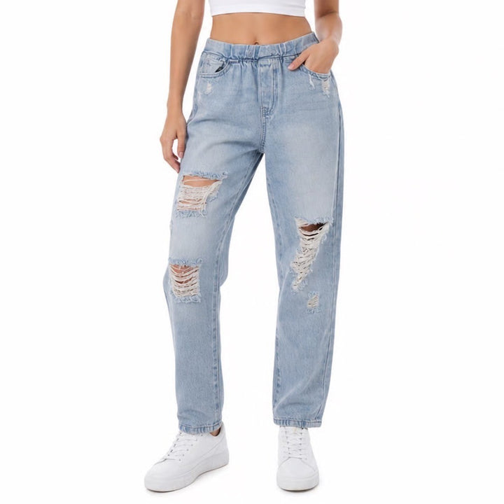 Sincerely Jules Womens Distressed Straight Leg Jeans Light Wash Elastic Waist S