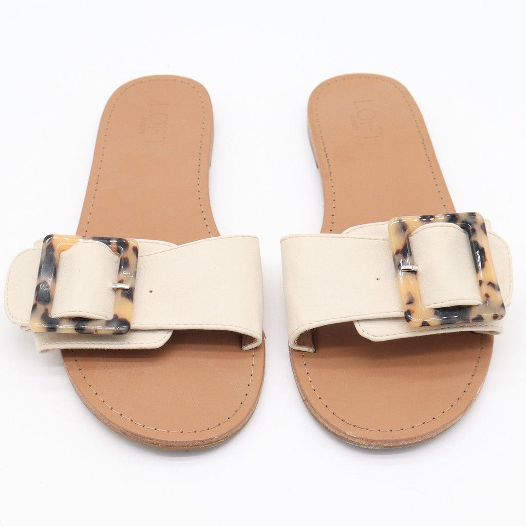Loft Outlet Womens Cream Slide Sandals Tortoiseshell Buckle Flat Shoes Size 8M