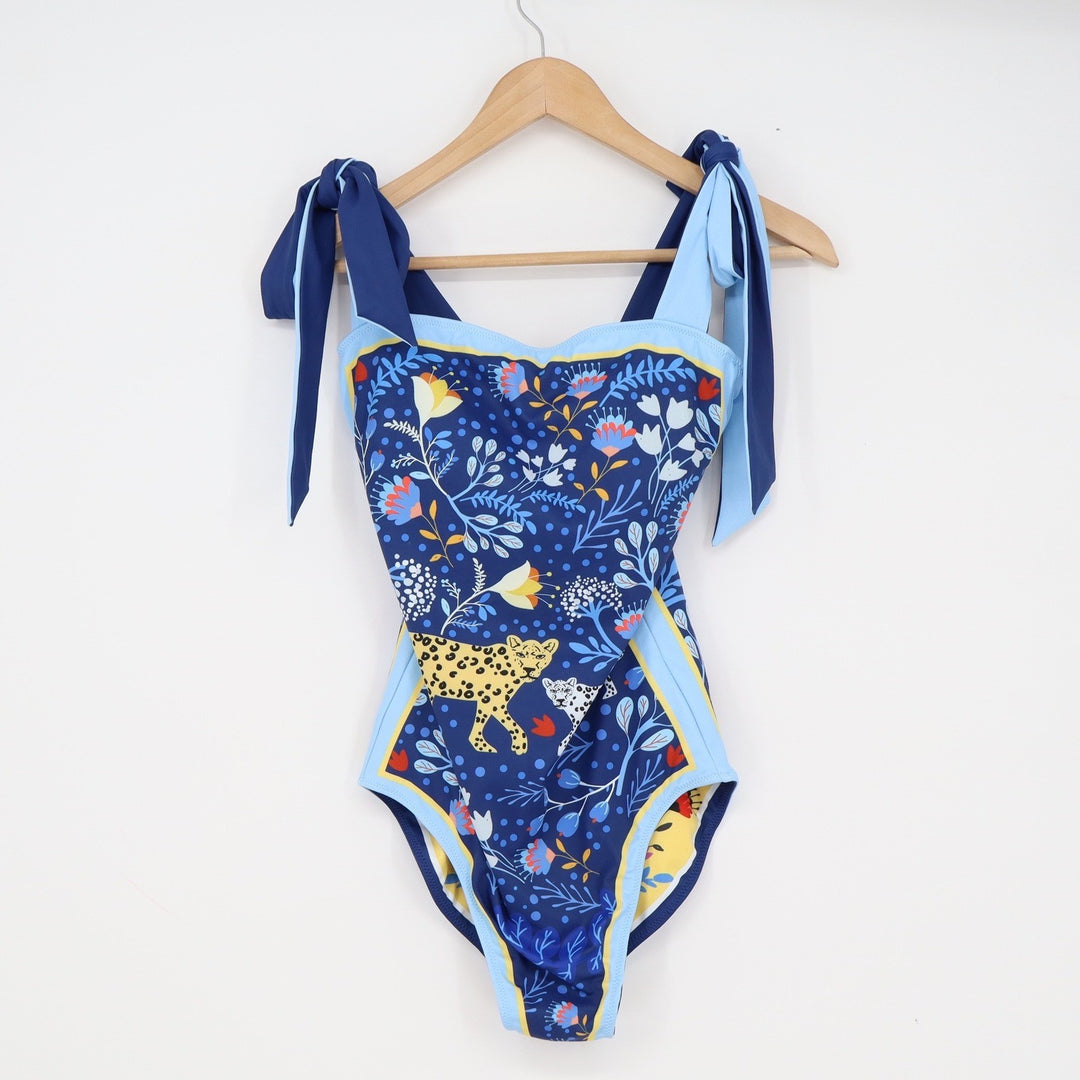 Jessie Zhao Blue Leopard Botanical Tie Shoulder One Piece Swimsuit Size M New