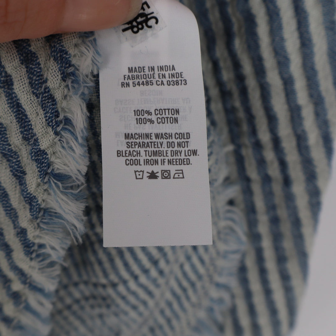 Aerie Daybreak Cover Up Shirt Women XS Blue White Striped Frayed Hem Puff Sleeve